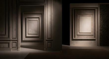 Contemporary architectural corridor showcasing a succession of minimalist framed openings, creating an illusion of infinite depth and refined modern aesthetic with dramatic light play