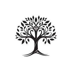 Fototapeta premium Elegant tree of life logo with swirling branches and lush leaves. Minimalist black silhouette isolated on white, symbolizing growth, nature, heritage, and environmental wellness.
