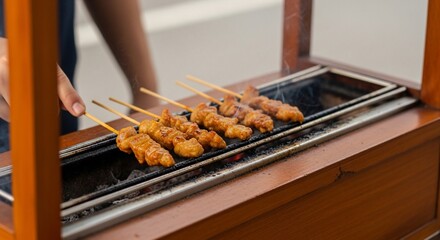 Grilled Meat Skewers on Barbecue Grill.