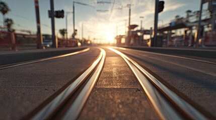 Fototapeta premium Tram tracks curve into the setting sun