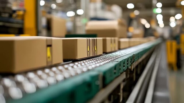Packages traveling on an automated roller conveyor system inside a large distribution center