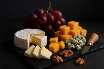 Cheese platter with grapes walnut and knife on dark slate surface