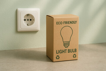 Eco friendly light bulb packaging near electrical outlet on table