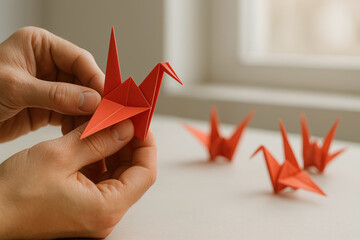 Origami crane folding hands holding red paper bird crafting closeup