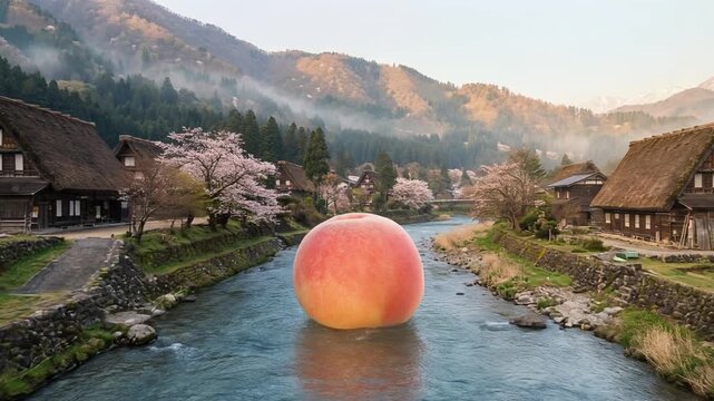 川から流れる大きな桃の日本昔話映像