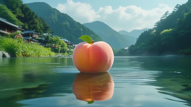 川から流れる大きな桃の日本昔話映像