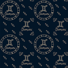 Fototapeta premium Seamless gemini zodiac pattern with constellation, horoscope circle and hand drawn lettering on dark background. Concept of astrology sign, mystic symbol, celestial map and cosmic horoscope design
