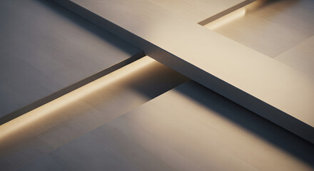 Obraz premium Abstract geometric design of overlapping creamy planes and light ribbons. Soft illumination casts dynamic shadows on a textured surface, creating a modern, minimalist aesthetic