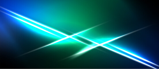 Abstract light streaks intersect. Vivid blue, green hues dominate dark background. Brightness creates dynamic visual effect. © antishock
