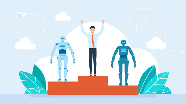 Human vs robot. Machine learning big data mining man vs artificial intelligence concept. Man getting first place and celebrating victory standing on pedestal. AI and human. Flat illustration