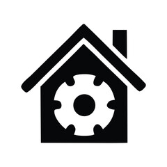 Streamlined Home Service and Repair Icon Featuring a Gear Within a House Outline, Perfect for Property Management and Residential Engineering Concepts
