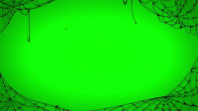 Several spooky black bat silhouettes fly across a bright green screen background surrounded by detailed cobweb borders creating a perfect overlay.
