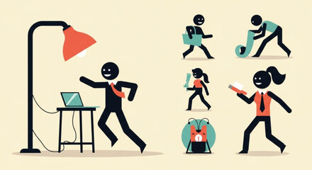 Stylized office worker runs from responsibilities juggling tasks and leisure activities