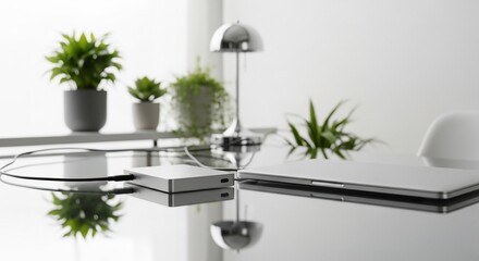 Modern Minimalist Interior with Potted Plants and Lamp.