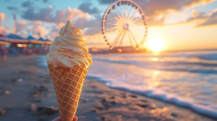 Salted caramel ice cream cone carnival Ferris wheel sunset beach vibes
