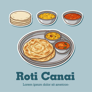 Traditional Malaysian breakfast Roti Canai or Roti Prata flatbread set with dhal and fish curry gravy vector illustration