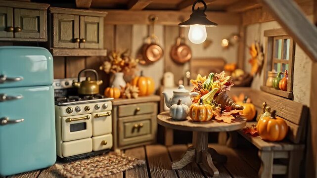 Cozy vintage kitchen scene with a teal retro refrigerator, warm lighting, and autumnal decor