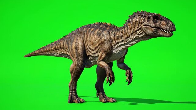 A video dinosaurs animation of a lone Allosaurus walking on a green chroma key background from a side viewpoint showcasing its scale texture and powerful stance