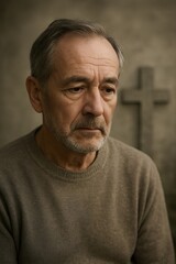 Fototapeta premium Senior Man Mourning During Funeral Ceremony Close Portrait