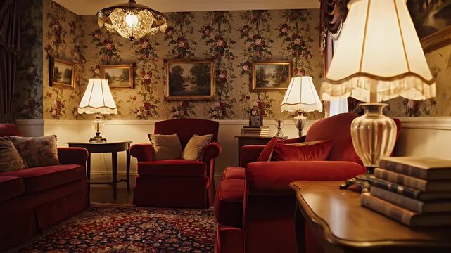 Cozy Vintage Style Hotel Lounge with Red Upholstered Furniture and Floral Wallpaper