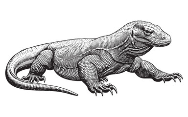 Komodo dragon lizard walking with a focused gaze. Hand-drawn engraving style.