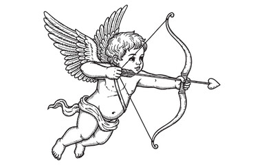 Fototapeta premium cupid aimed with a bow and heart-shaped arrow. Hand-drawn engraving style.