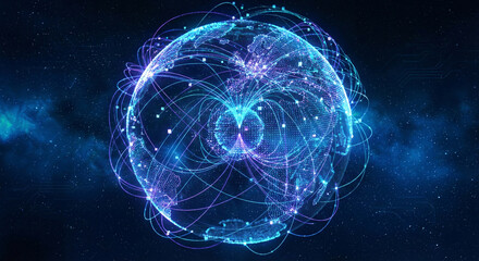Global network connection showing digital earth sphere with glowing lines in dark space background