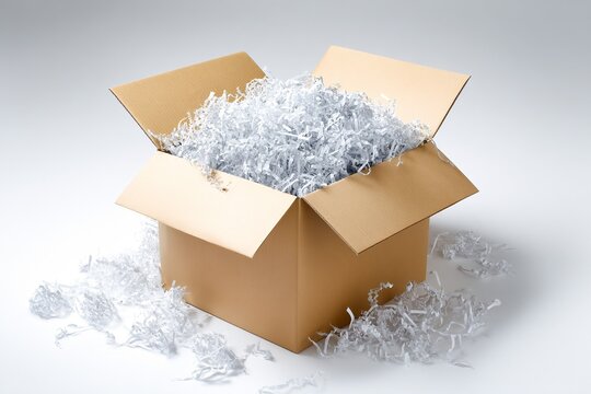 Empty box overflowing with shredded paper and scattered pieces on a clean surface Generative AI