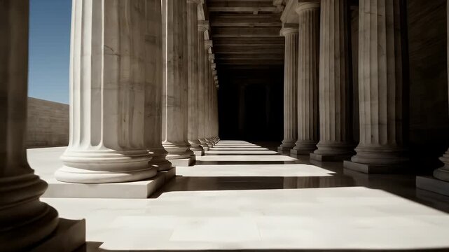 A perspective shot reveals classical columns and shadows, leading to a dark, unseen space