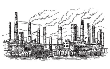 Fototapeta premium Large industrial complex with multiple smoking chimneys and manufacturing plant buildings. Hand-drawn engraving style.