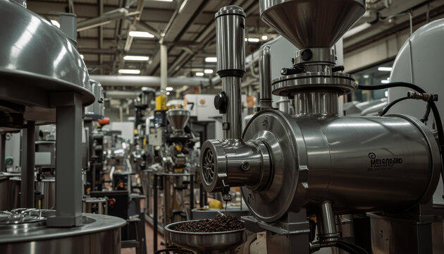 Industrial coffee roaster stainless steel machine coffee bean processing factory interior food production equipment modern manufacturing metal machinery coffee roasting technology industrial