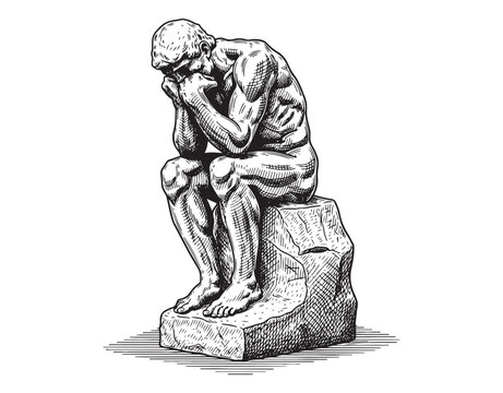 Classical sculpture of a pensive man sitting on a rock in a thinking pose. Hand-drawn engraving style.