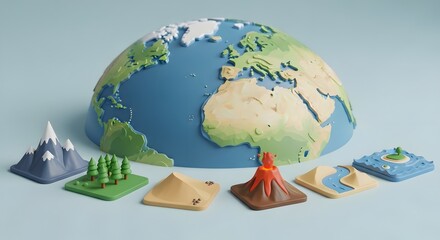 3D globe with camping travel elements and adventure icons