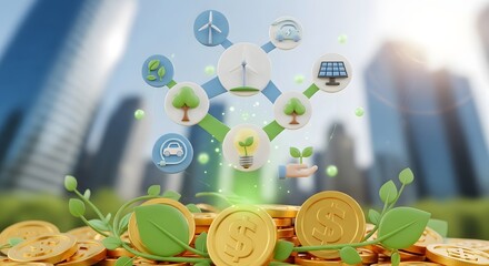 Sustainable finance growth with eco tech and cryptocurrency in city