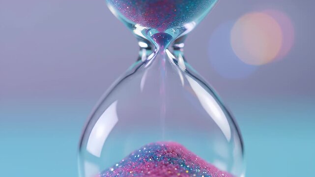 Intimate close-up of an hourglass with pink sand and a soft blue bokeh background