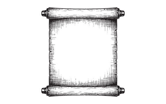 open parchment paper scroll with wooden rollers in a vintage hand-drawn engraving style.