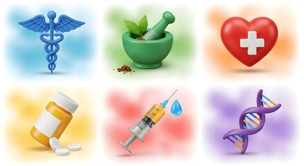 Healthcare medical icons set with stethoscope mortar DNA syringe