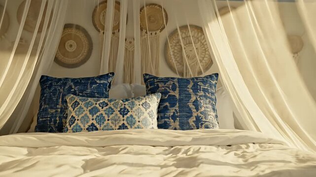 Luxurious Canopy Bed Enveloped by Soft White Linens in a Warm Blue-Themed Bedroom
