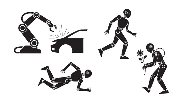 Vector Illustration Of Industrial Robot And Humanoid Robots In Various Actions For Technology And Industry Concept