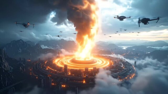 Dramatic pyroclastic eruption with drones over mountain range