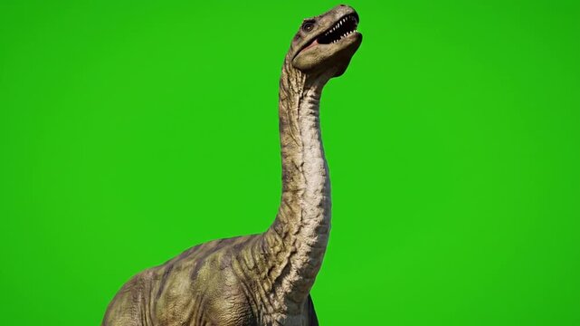 A close-up view of a dinosaur model for video dinosaurs with detailed texture and green screen environment