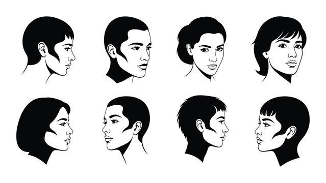 Illustrations of diverse hairstyles and facial features from different angles Vector