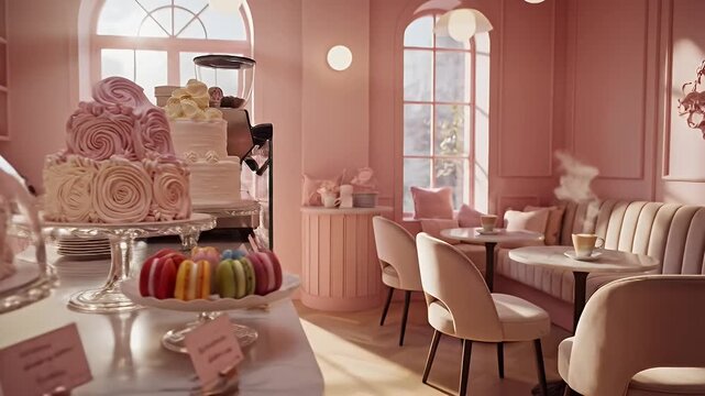 Luxurious pastel pink bakery cafe interior featuring a towering multi-colored rosette cake centerpiece