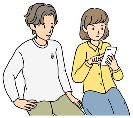 一緒にスマホを見る若い男女　イラスト