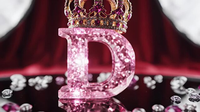 Luxurious Pink Letter D Crown Adorned with Diamonds on Velvet Stage Decor and Sparkling Jewels