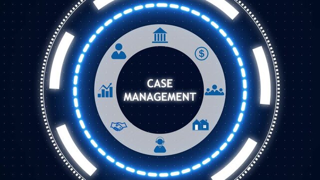 Circular infographic with glowing blue rings and icons around a central 'case management' label, futuristic tech background