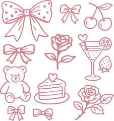 Hand drawn coquette pink set for Valentines day, wedding invitation, birthday card transparent