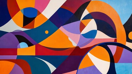 Obraz premium Vibrant abstract composition featuring intersecting curves and bold shapes in rich spectrum of warm and cool colors