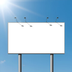 Obraz premium Empty billboard with streetlight mounting against a clear blue sky. Blank advertising space with shadows cast by street lights.