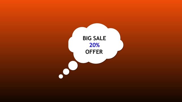 White thought bubble with text big sale 20% offer on orange-to-black gradient background, minimal promotional banner with copy space.